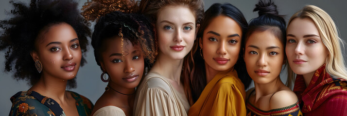 Group portrait of six beautiful ladies with different skin and hair color