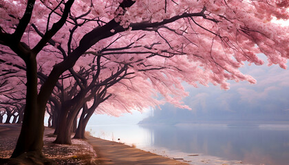 Cherry blossoms in full bloom along the shore of the lake