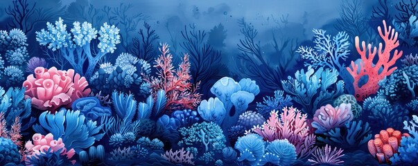 Fototapeta na wymiar Detailed blue watercolor of a coral reef ecosystem, summer underwater theme