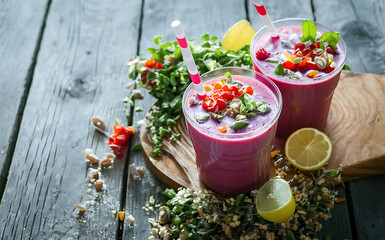 Sweet smoothie in plastic cups on wooden table