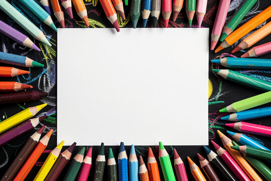 photo of a single blank book page centered on the image. on a solid background. with crayons, the vibes are kid-party-friendly