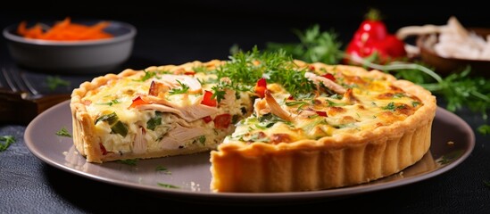 A savory quiche with a missing slice sits on a plate, a delicious baked goods dish made with ingredients like eggs, cheese, and vegetables, a classic comfort food in French cuisine - Powered by Adobe