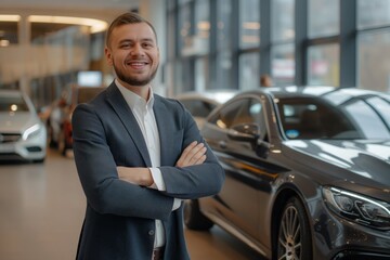 Confident Caucasian salesman in a suit smiling in a luxury car showroom