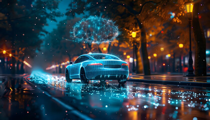 Self-driving car, Autonomous car self-driving shown with neural network above the car, futuristic car. 