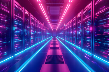 Futuristic Server room. server room neon lights futuristic, cyberpunk utopian server room.  - obrazy, fototapety, plakaty