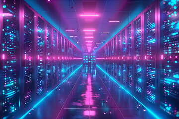 Utopian Server Room, science fiction futuristic server room, long hallway emitting lights from servers.  - obrazy, fototapety, plakaty