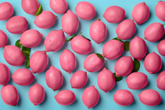 Pink Lemons, many pink lemons spread around a blue backdrop.