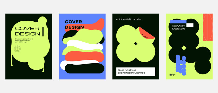 Posters with silhouette minimalistic basic figures, extraordinary graphic assets of geometrical shapes swiss style.