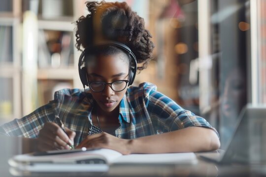 Young African American Woman With Headphones, Working On A Digital Laptop, Writing For School And Business.