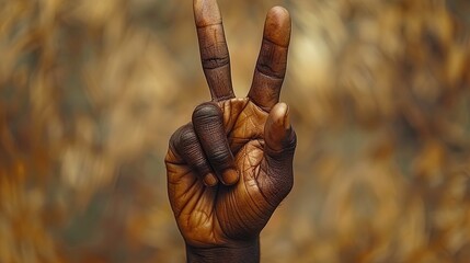 The detailed view of a hand holding up two fingers against a neutral backdrop, conveying a messa - obrazy, fototapety, plakaty