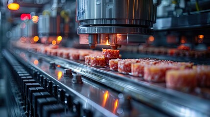 Close-up perspective of machinery slicing and packaging food products, illustrating the efficien - obrazy, fototapety, plakaty