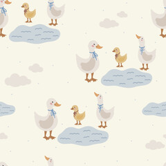 Geese seamless pattern, hand drawn cute kids background, vintage retro pallete
