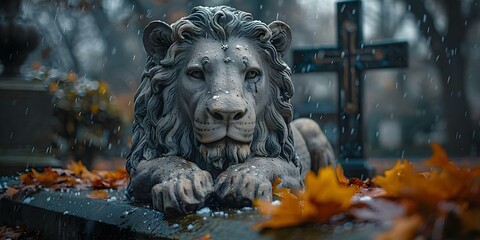 A lion statue with a Christian cross in the background symbolizing Jesus triumphant return and spiritual victory. Concept Religious Symbolism, Triumph, Lion Statue, Christian Cross, Spiritual Victory