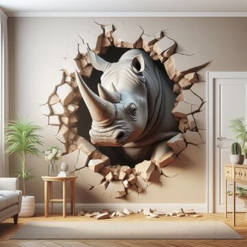 In this 3D rendering, a powerful rhinoceros bursts through the wall, creating a dramatic and eye-catching scene. This image could be used as a unique and striking photo wallpaper for walls