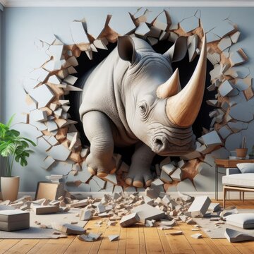 In this 3D rendering, a powerful rhinoceros bursts through the wall, creating a dramatic and eye-catching scene. This image could be used as a unique and striking photo wallpaper for walls