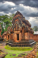Banteay Srei - 10th century Hindu temple and masterpiece of old Khmer architecture built by Yajnavaraha in red sandstone at Siem Reap, Cambodia, Asia