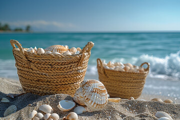Moroccan beach with white shells on the beach and straw baskets, sunny and dreamy, overlooking angle, Cinematic, advanced color scheme, studio lighting, dark oppressive background, hyper-realistic, ul