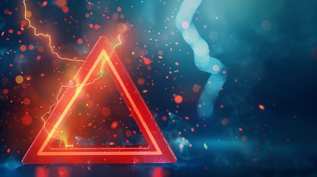 A red danger warning triangle banner is illustrated with a blur effect and a lightning signal in a 3D vector creative illustration.