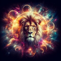 A lion is portrayed within the cosmic space, merging its regal presence with the mysteries of the universe, achieved through captivating photo manipulation and graphic effects.


