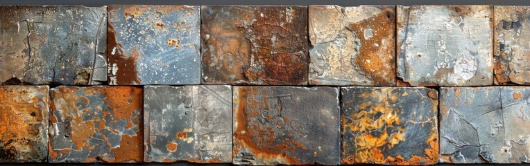 Vintage Patchwork Tiles on Old Worn Concrete Wall - Rustic Stone Texture Background Banner
