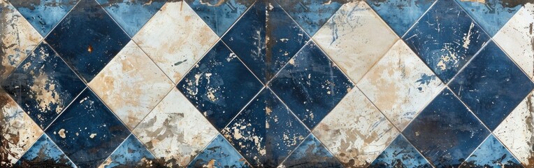 Vintage Blue and White Patchwork Chessboard Motif Concrete Wall Texture Background