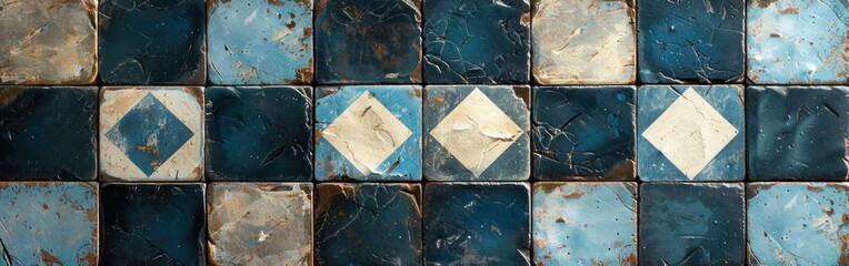 Vintage Blue and White Patchwork Chessboard Motif Concrete Wall Texture Background