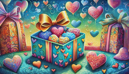 Oil painting style gift box with hearts