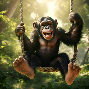 Chimpanzee monkey swinging on a rope in the jungle.
