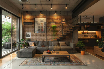 living space in the style of industrial design, nordic and Japanese elements
