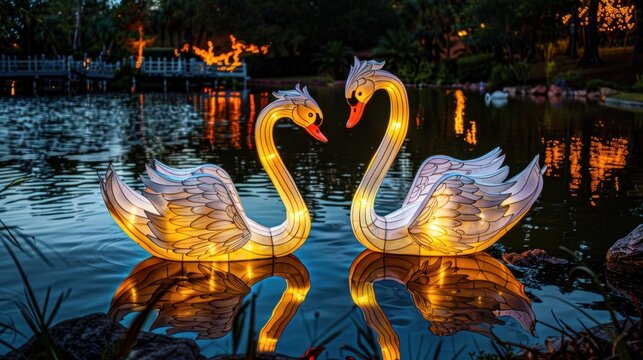 two white swan Lanterns on the lake at night.AI generated image