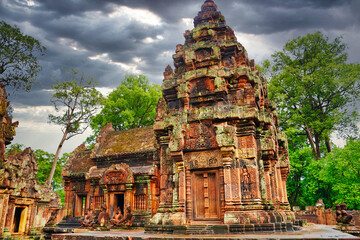 Banteay Srei - 10th century Hindu temple and masterpiece of old Khmer architecture built by...