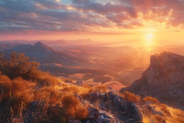 Sunrise Haven: A Majestic Mountainous Landscape Generative AI - obrazy, fototapety, plakaty