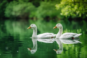 Serene White Ducks Swimming on a Green Lake with Reflections Generative AI