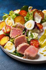 Delicious Nicoise salad with fried tuna, vegetables, lettuce and egg in a plate on a concrete background