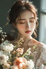 Naklejka premium A Beautiful Bride Poses Gracefully with a Floral Bouquet in Gongbi Style Generative AI