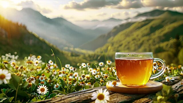 Hot tea on wooden table with beautiful mountain landscape in the spring. Warm cup and glass jugs of tea and tea leaf on the wooden table in the tea plantations background with copy space sunlight
