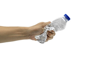 Man holding and crushing used plastic water bottle isolated on white background.