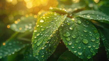Morning Dew on Green Leaf: Macro Water Drops with Beautiful Texture and Natural Background in Sunlight