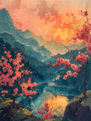 Ink style rolling hills, knitting, wool, fiber art, gauze, colorful peach blossoms and green trees, sunlight shining through the mountains to the river flowing below, surrounded by clouds and mist, ye