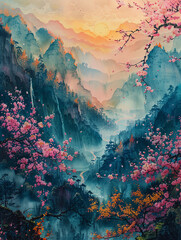 Ink style rolling hills, knitting, wool, fiber art, gauze, colorful peach blossoms and green trees, sunlight shining through the mountains to the river flowing below, surrounded by clouds and mist, ye - obrazy, fototapety, plakaty