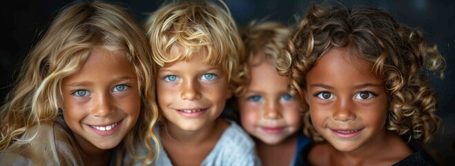 A group of four children smiling at the camera. Generative AI.