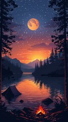 Mountain and Lake Night Painting