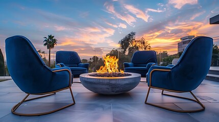 an image that epitomizes luxury, featuring exquisite blue chairs surrounding a chic fire pit  - Powered by Adobe