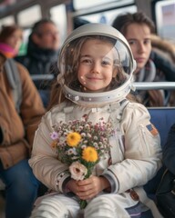 A little girl in a space suit holding flowers on a train. Generative AI.