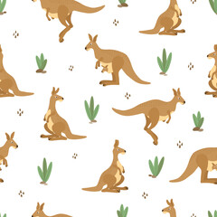 Kangaroo seamless pattern with animals and plants. Vector illustration