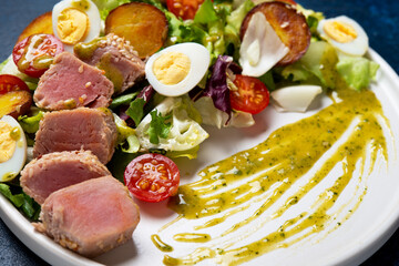 Delicious Nicoise salad with fried tuna, vegetables, lettuce and egg in a plate on a concrete...