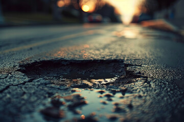 A puddle of water sits on a cracked road - obrazy, fototapety, plakaty