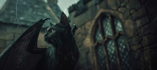 a vampire cat on the roof of dracula's castle  - obrazy, fototapety, plakaty