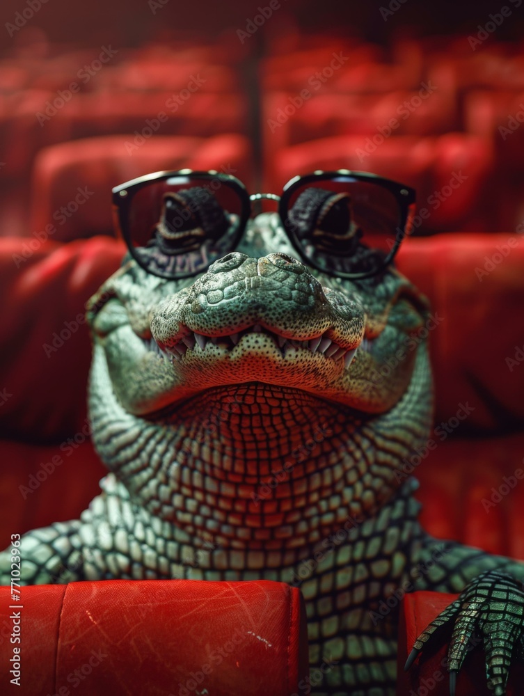 Wall mural A crocodile wearing glasses sitting in a theater seat. Generative AI.