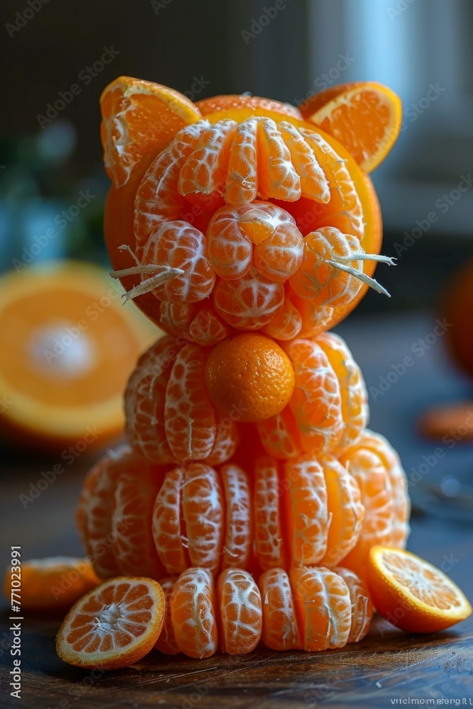 Sticker A cat made out of oranges and lemons on a table. Generative AI.